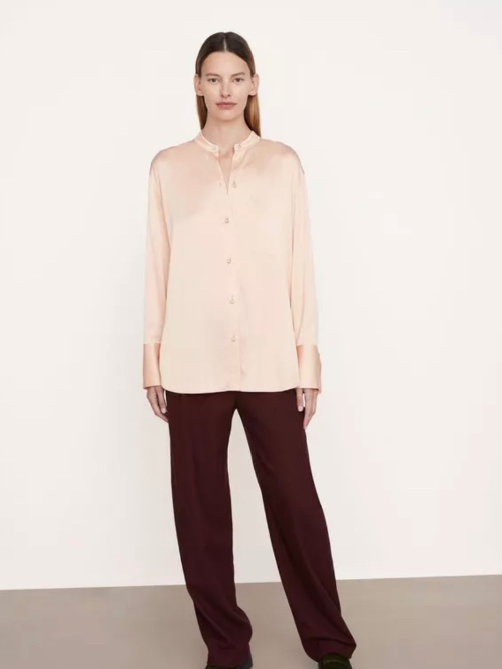 Vince Relaxed Band Collar Button-Up Silk Shirt XL Beige